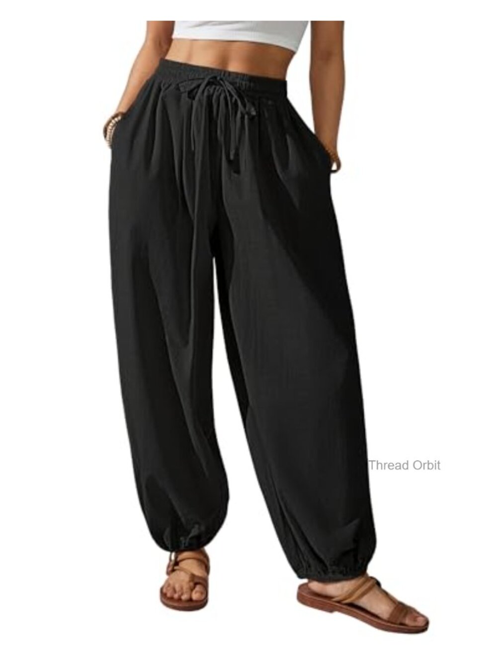 Women's Cotton Wide Leg Harem Pants Casual Drawstring Elastic Waist